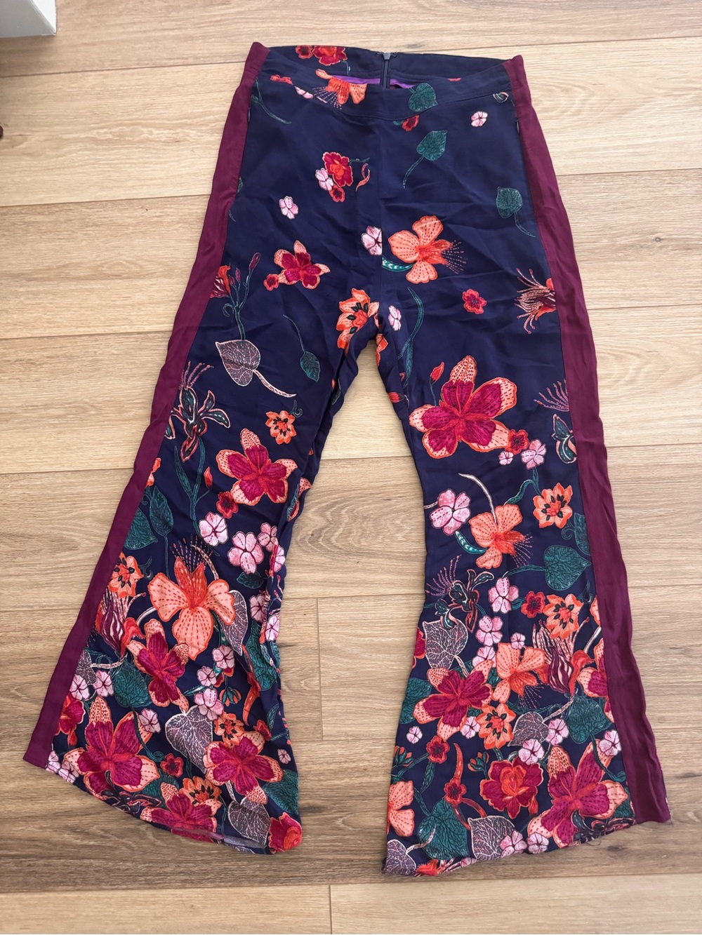 Anthropologie Navy Floral Flared Bottoms with Berry Side Panels